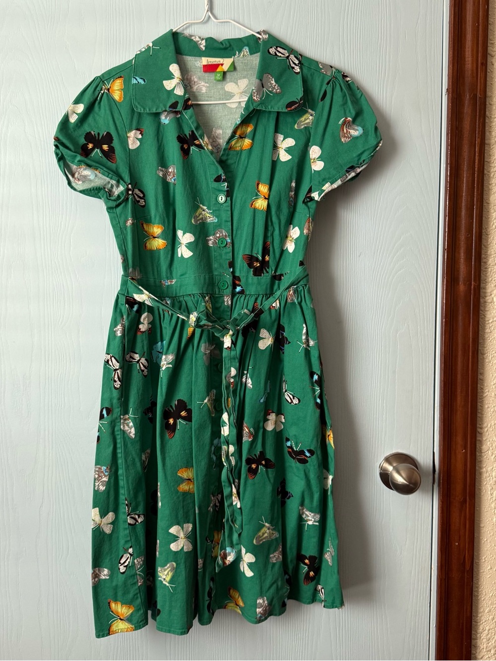 Green Butterfly Print Midi Shirt Dress